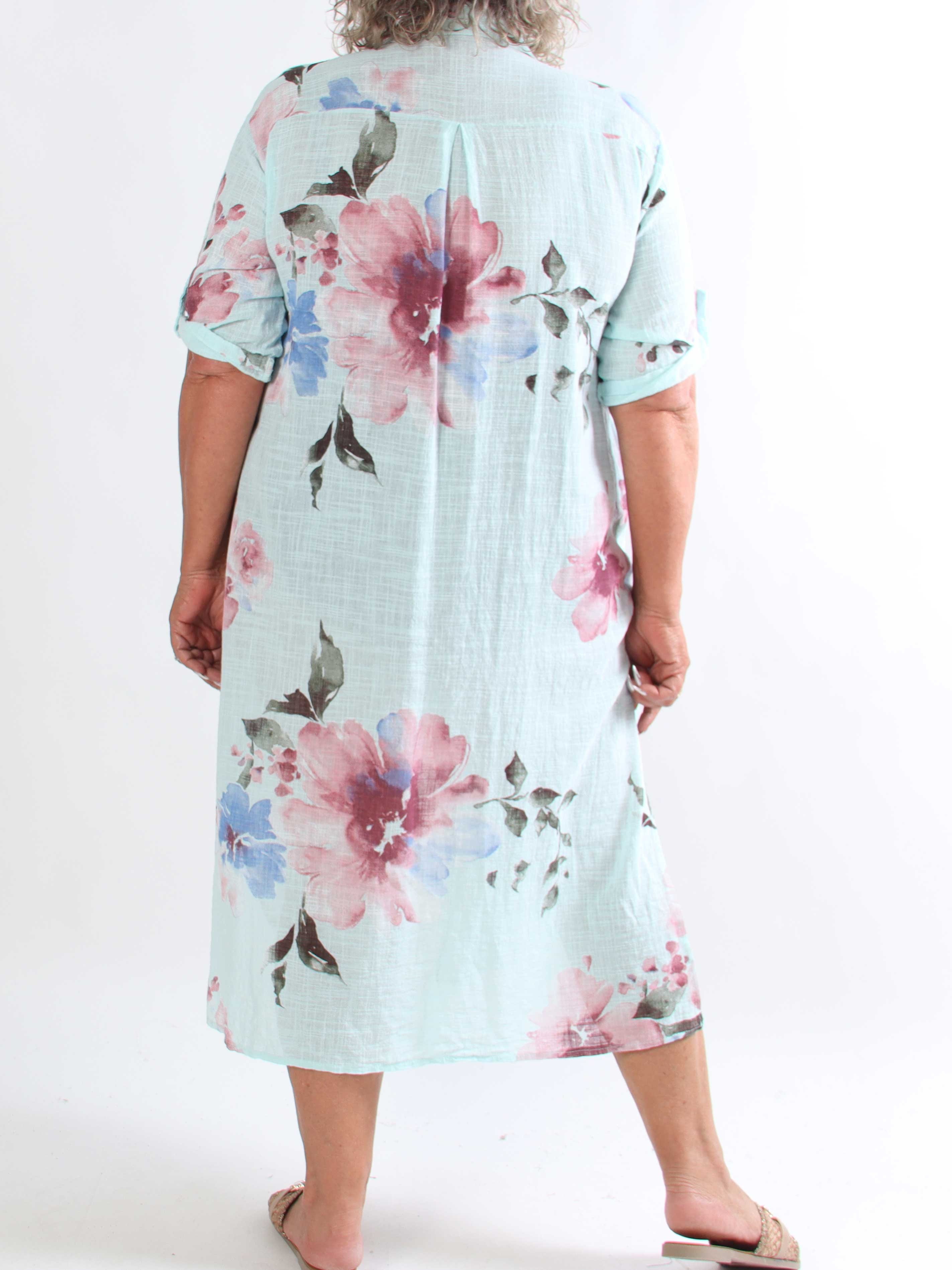 Maissa - Lang plus size skjortekjole i bomuld med blomsterprint